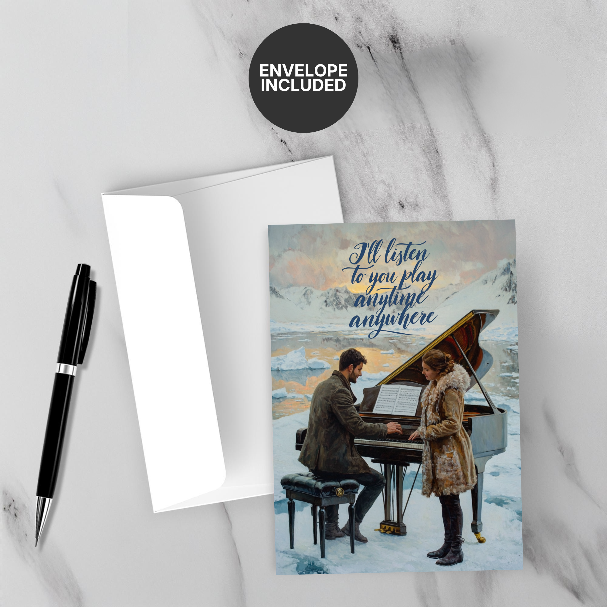 Greeting card with two people by a piano on a marble surface with a pen and envelope.