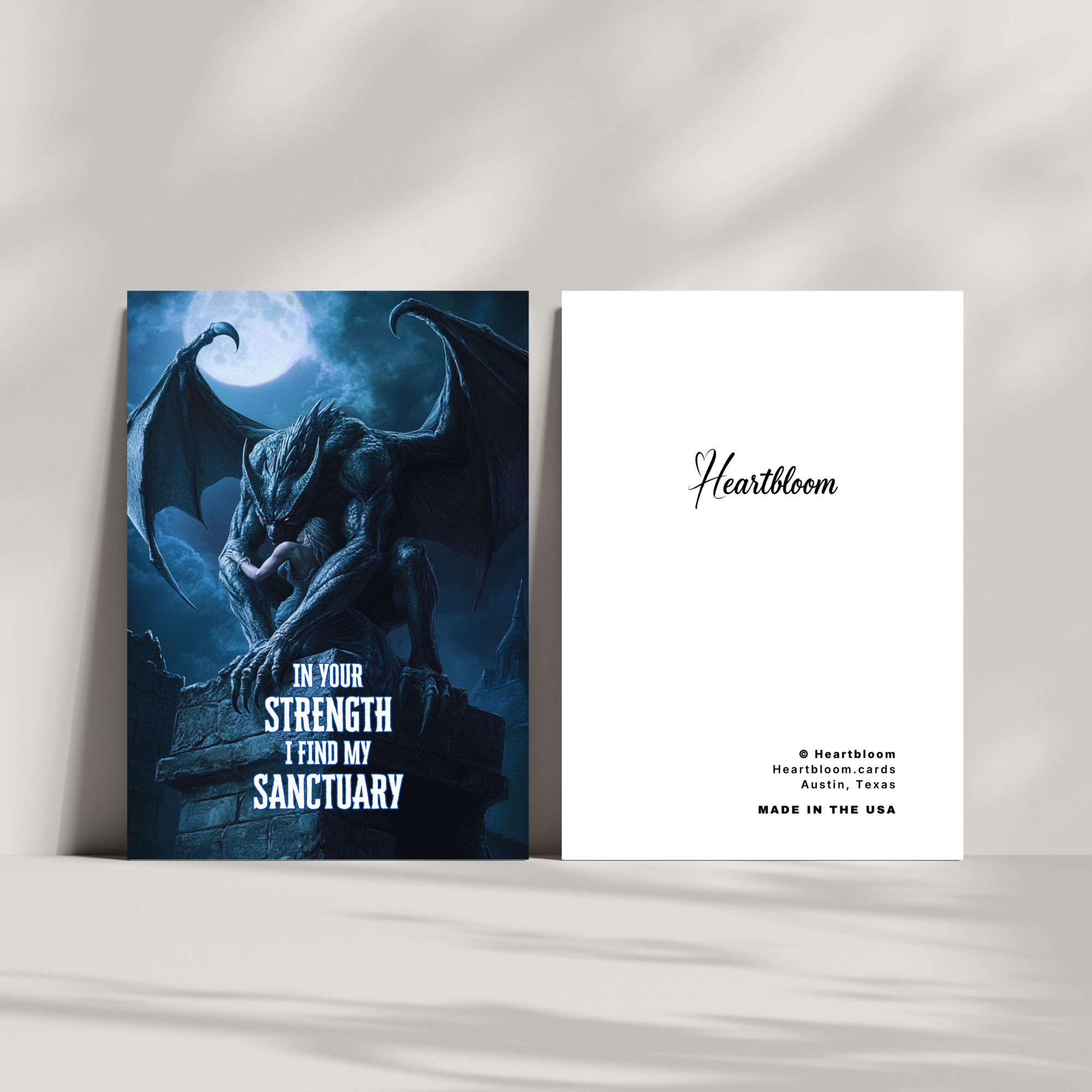 Gargoyle-themed card with 'Heartbloom' branding on a white background