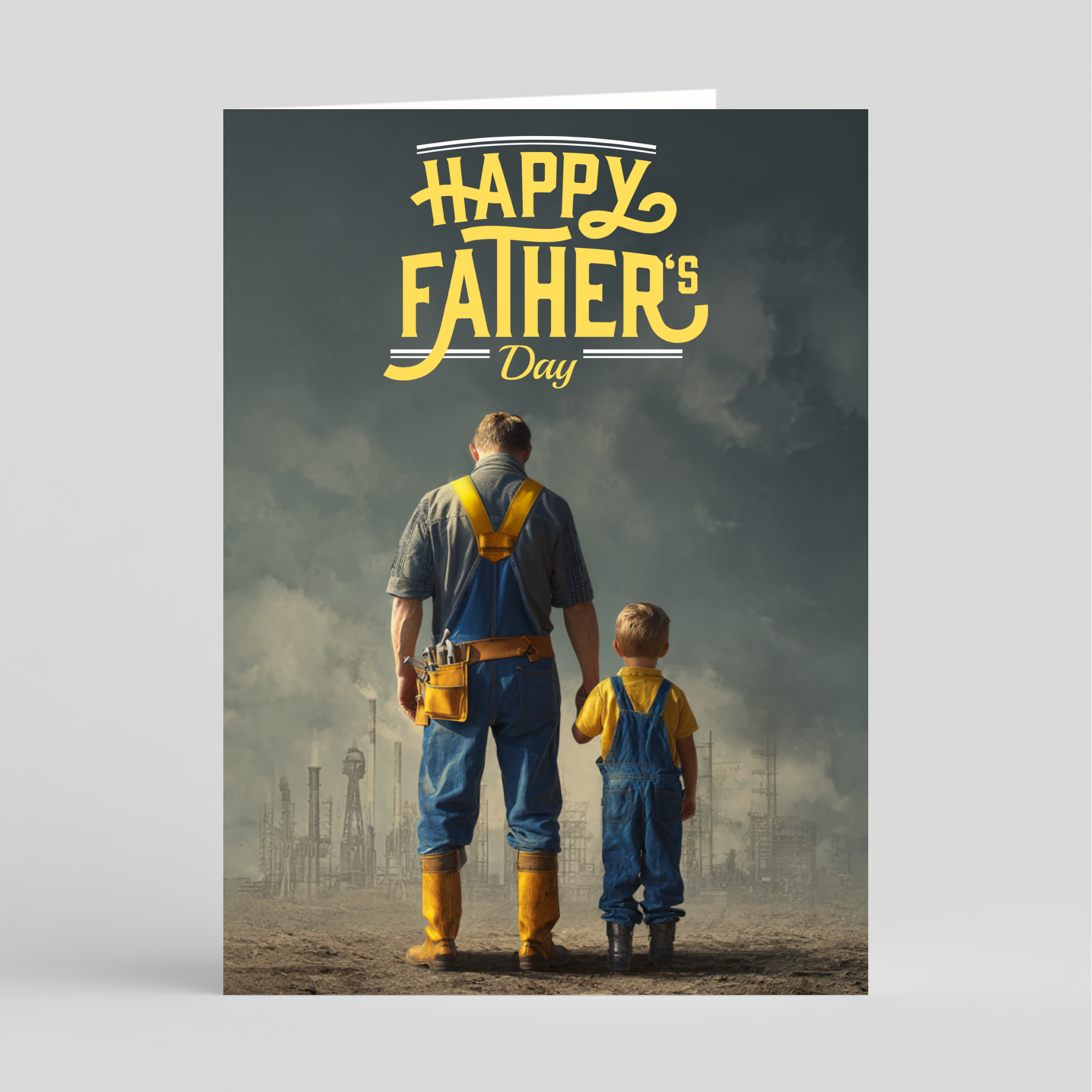 Father and son in overalls with 'Happy Father's Day' text on a stormy background