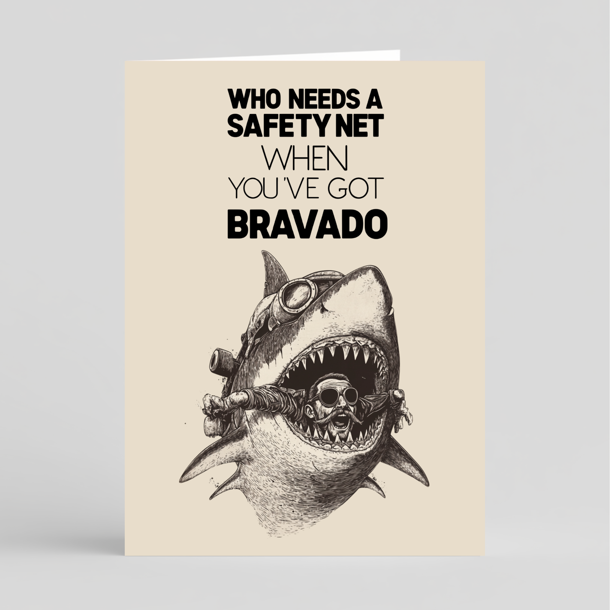 Card with a shark illustration and text on a beige background