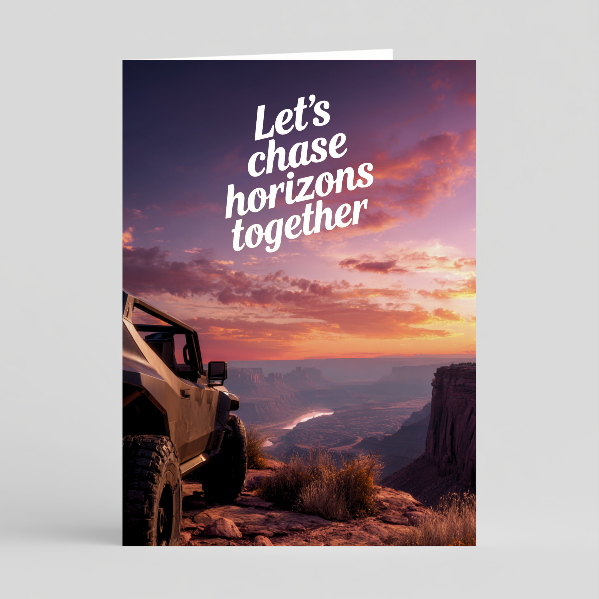 Card of SUV on a cliff with a sunset and 'Let's chase horizons together' text
