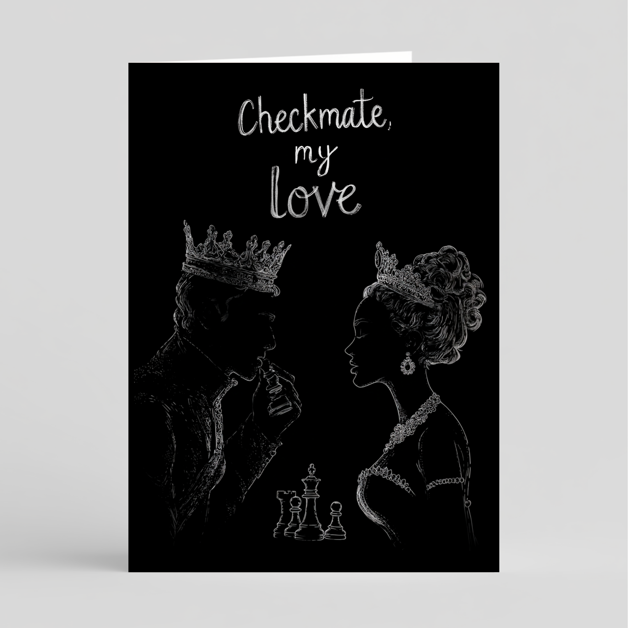 Card silhouette of a king and queen with chess pieces and 'Checkmate, my love' text on a black background.