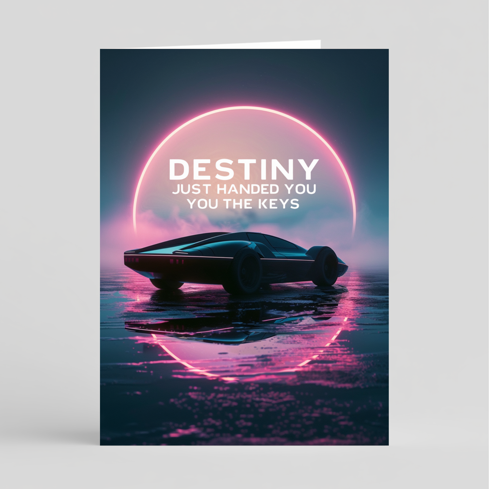 Card of futuristic car on water with neon ring and text 'Destiny just handed you the keys' on a gray background