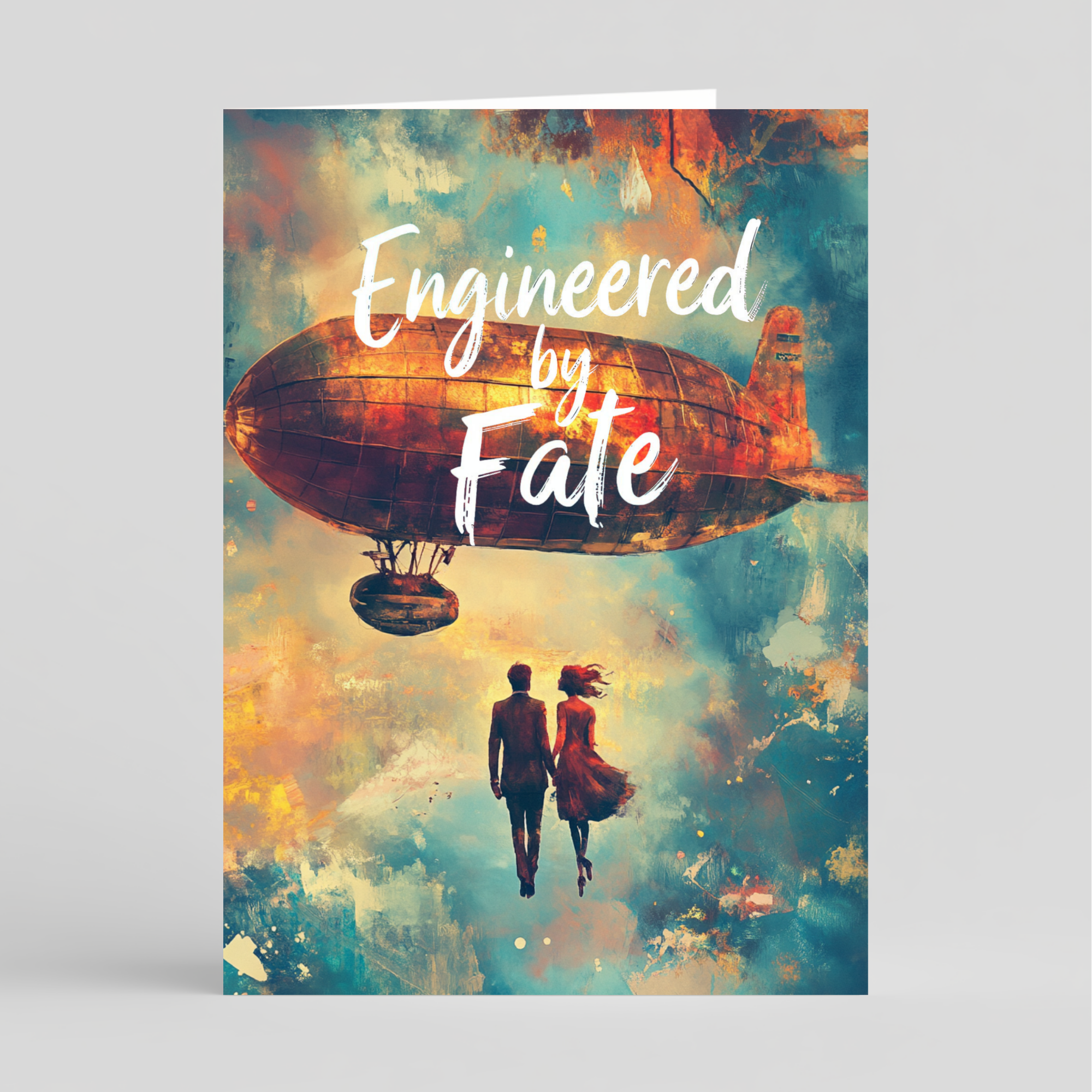 Card  with a steampunk blimp and couple under 'Engineered by Fate' text on a colorful background.