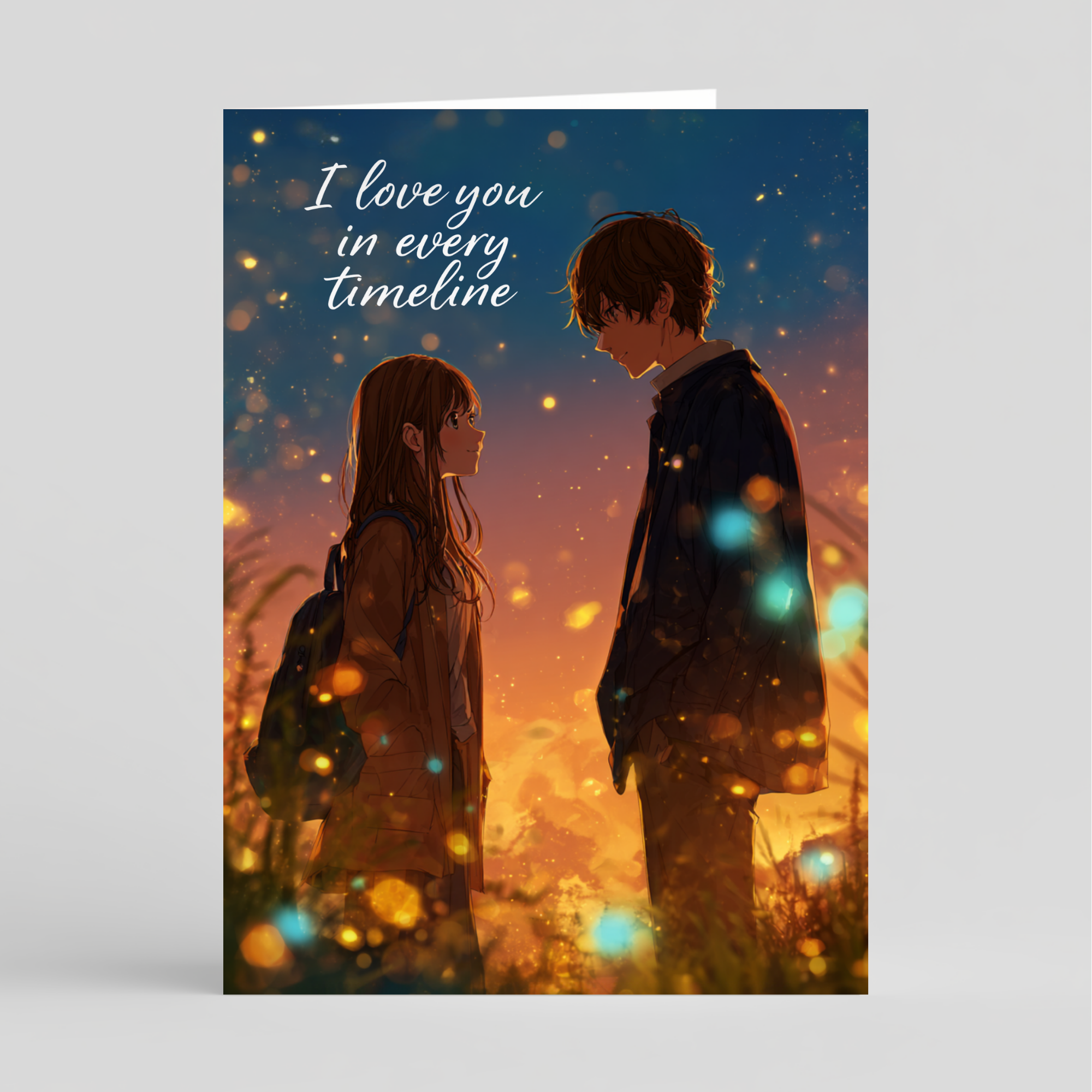 Car of illustration of a couple standing close together with 'I love you in every timeline' text against a starry sky.