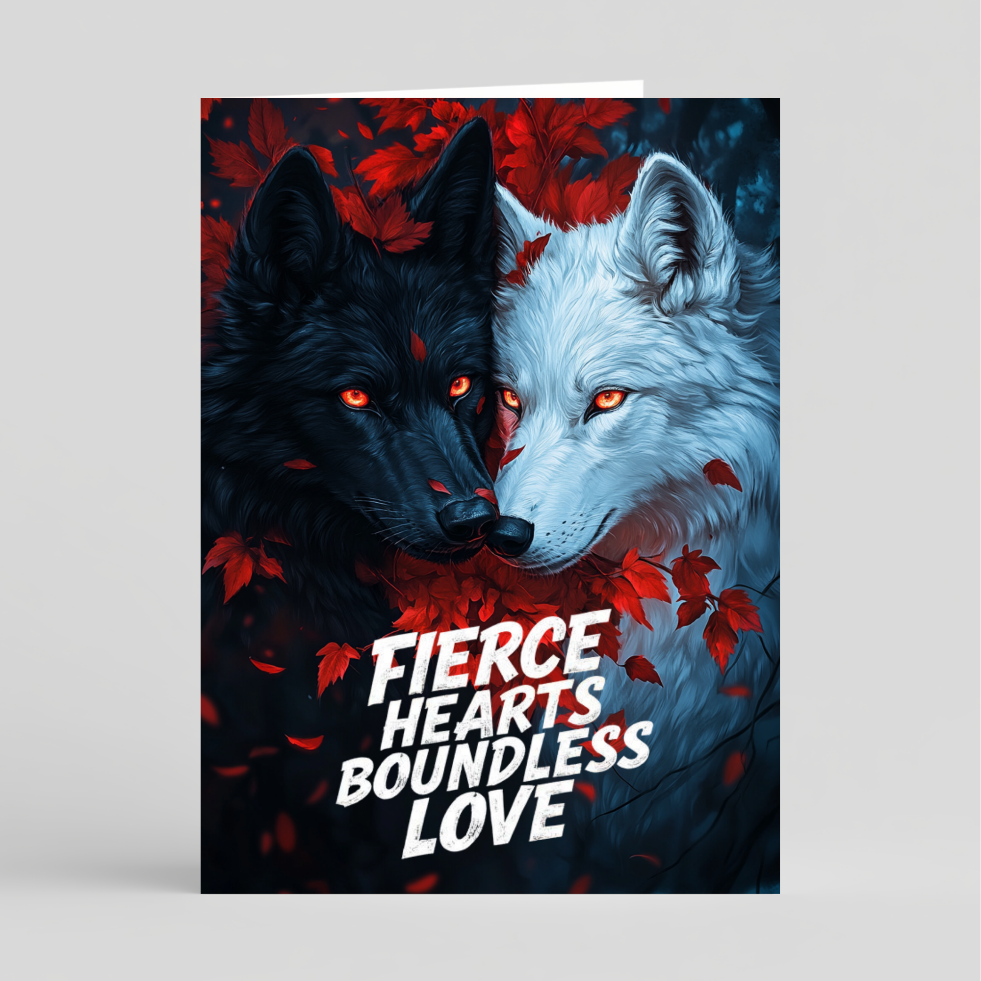 Card of two wolves facing each other and red leaves, with text 'Fierce Hearts Boundless Love' on a gray background.