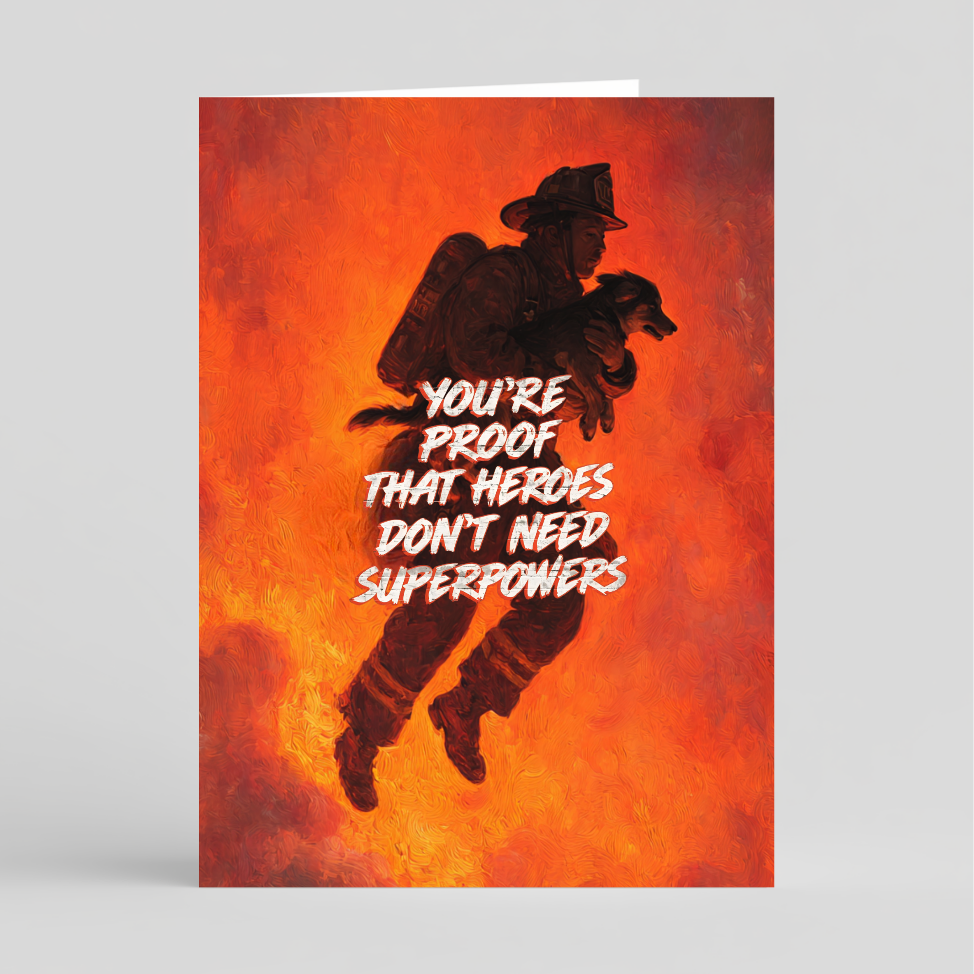 Card with silhouette of a man and child against an orange background with text.