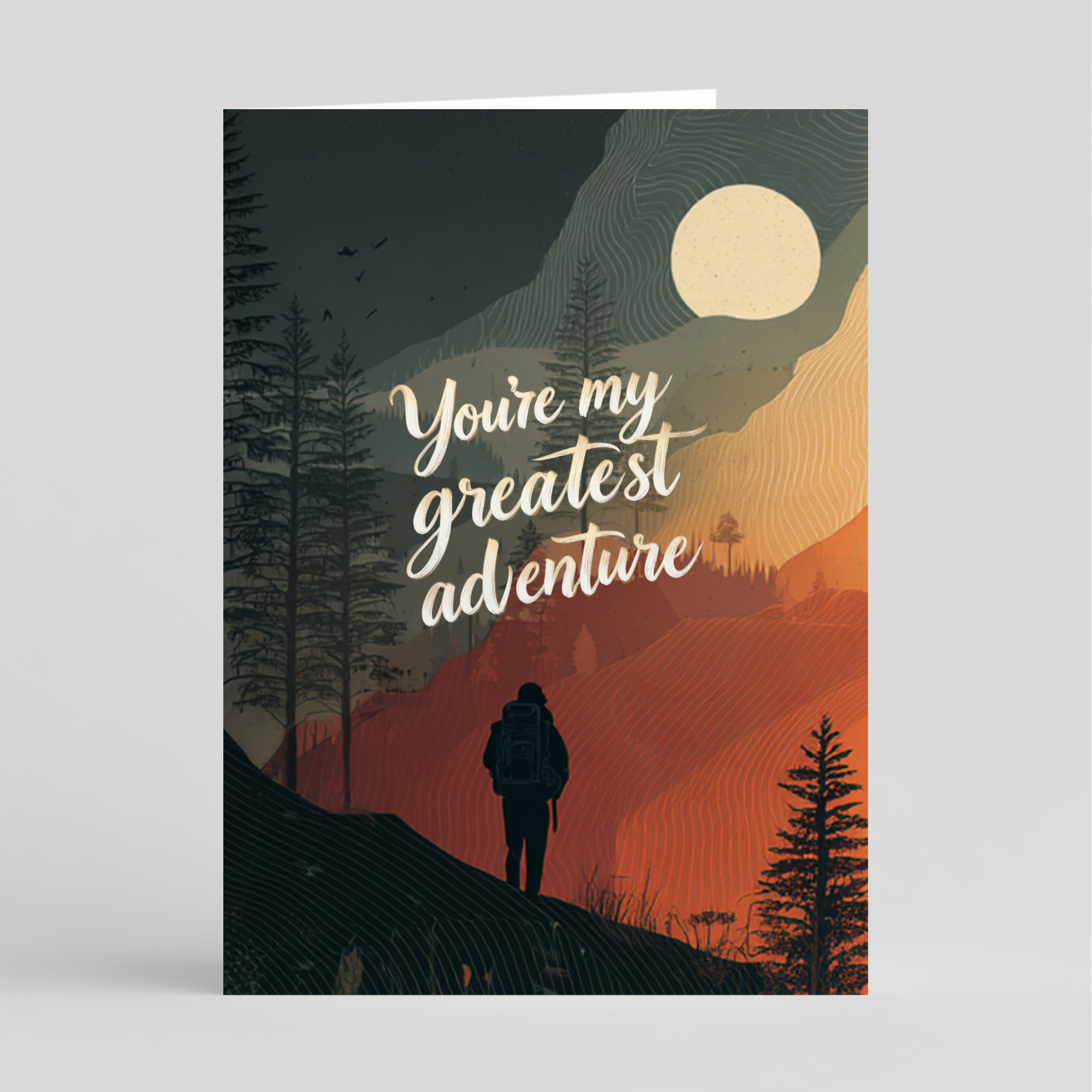 Card with a silhouette of a person in a forest, text 'You're my greatest adventure', and a moonlit sky.