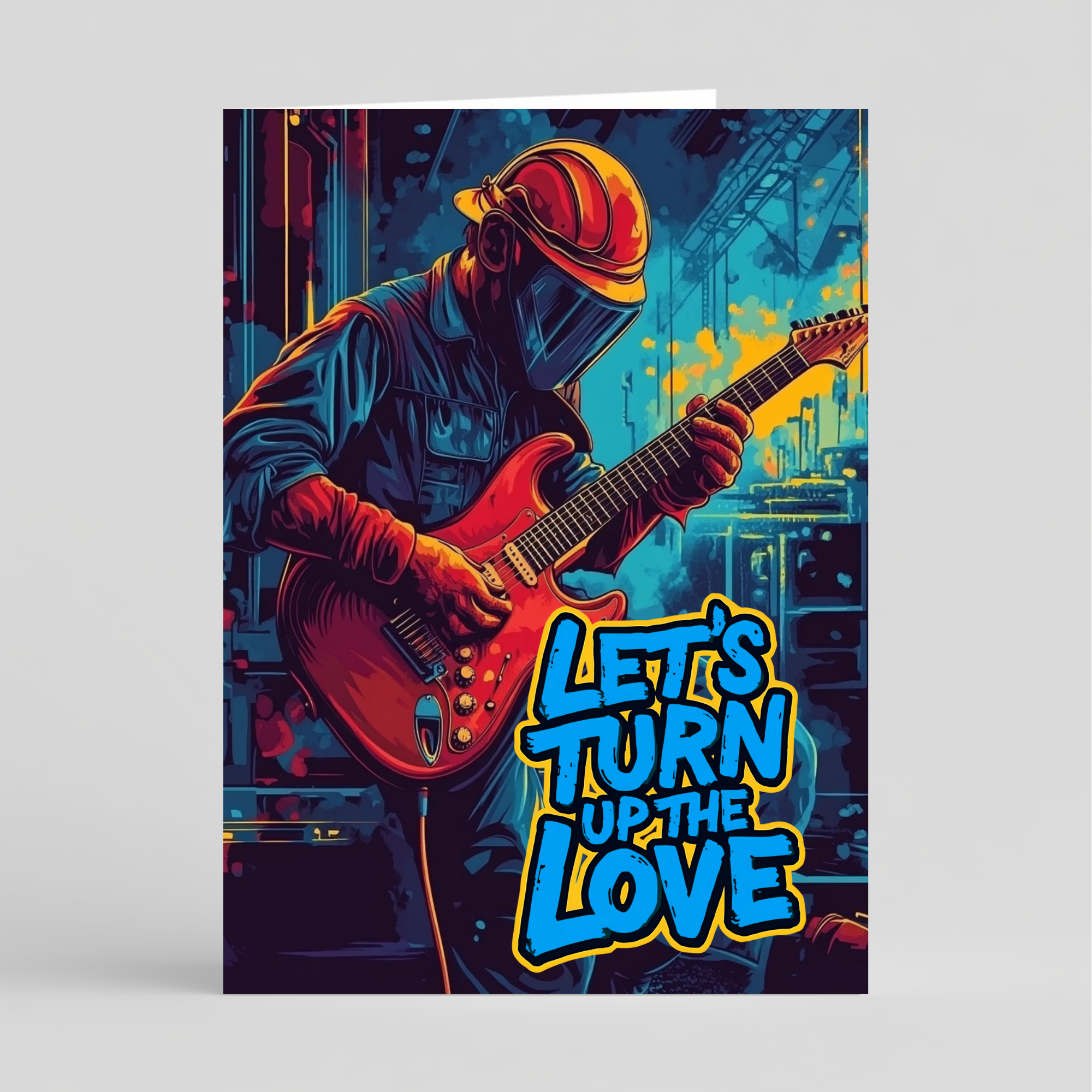 Card of a person playing guitar with 'Let's Turn Up The Love' text in a vibrant setting.