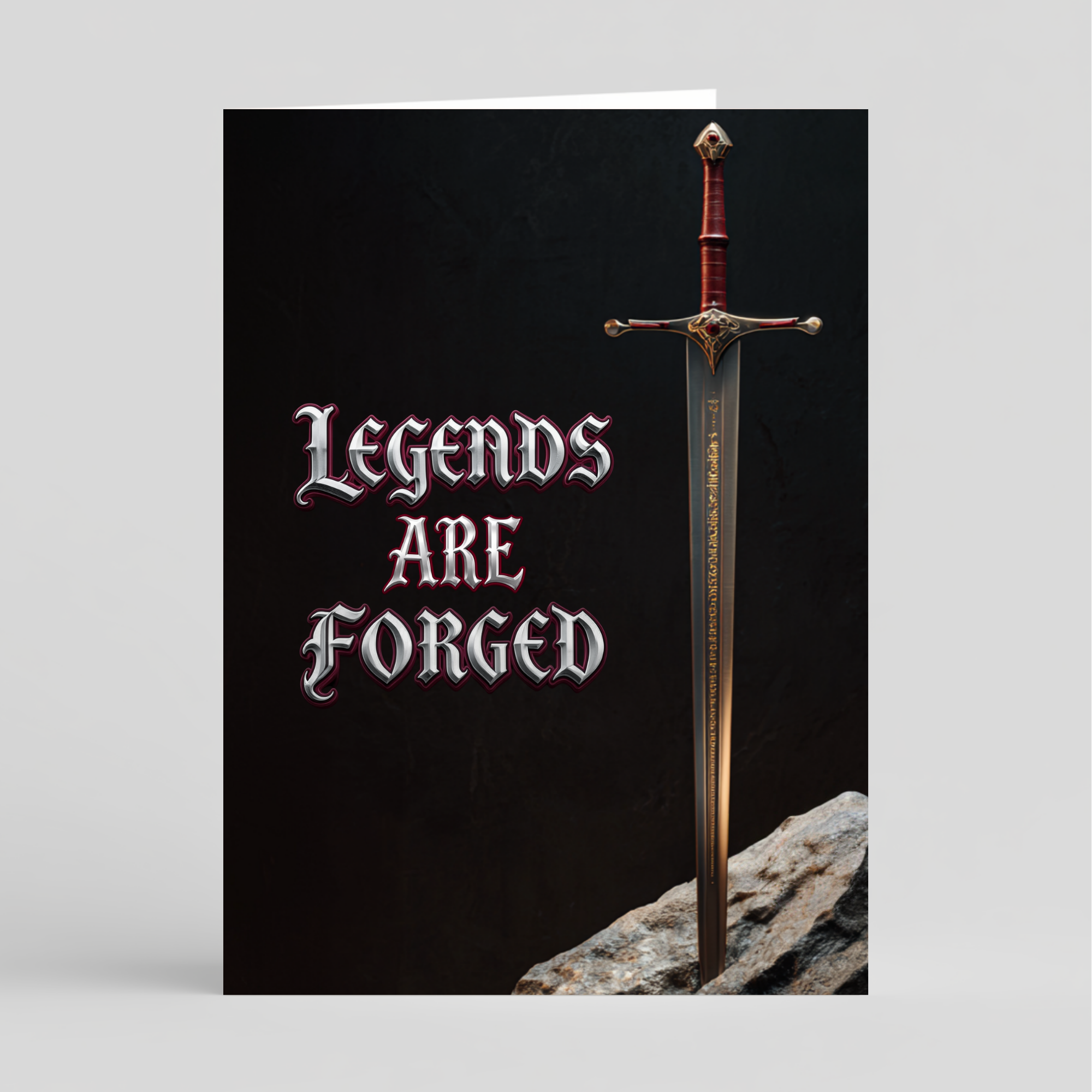 A card of a sword embedded in a stone with 'Legends Are Forged' text on a black background