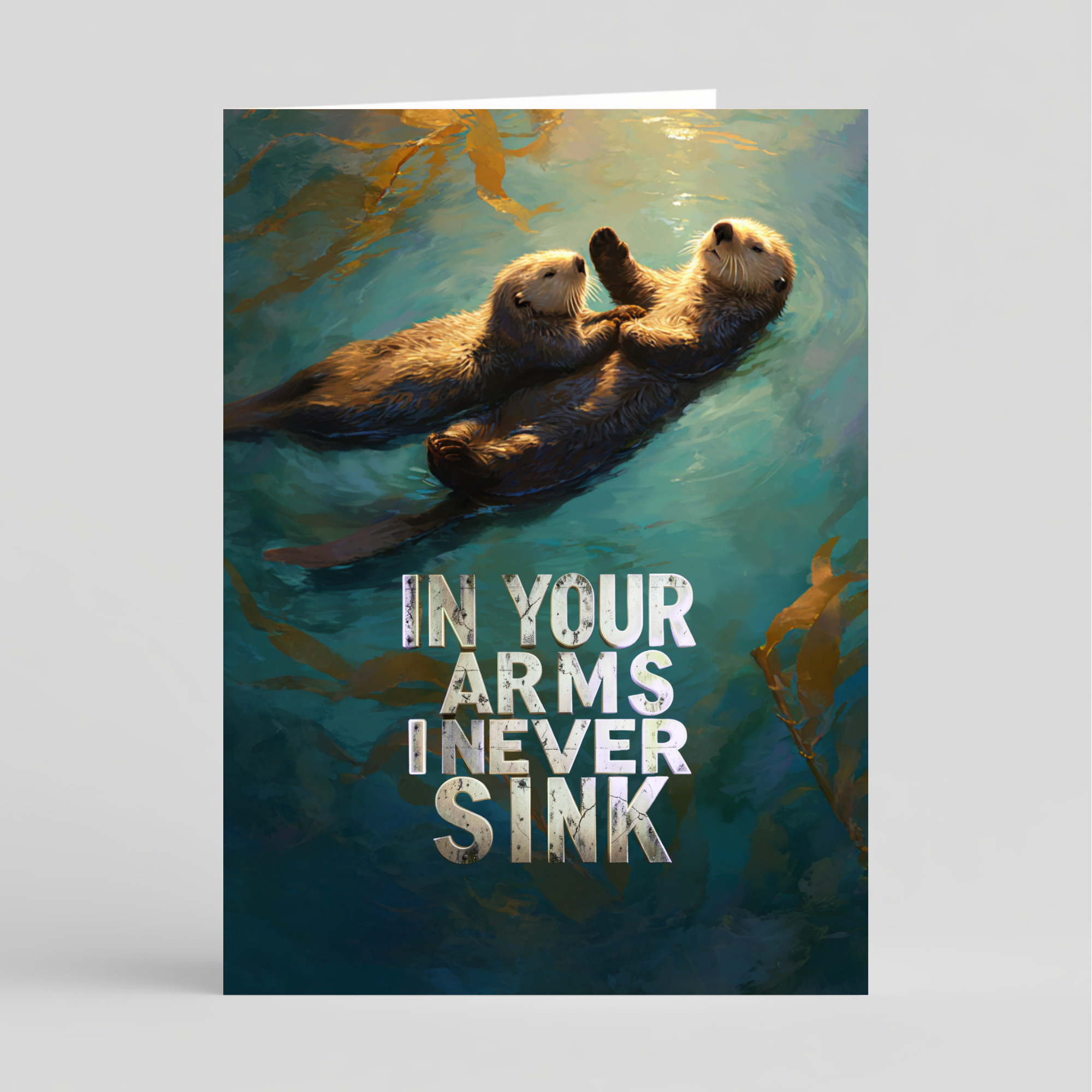 Cards with two otters swimming in water with a romantic quote above them on a gray background