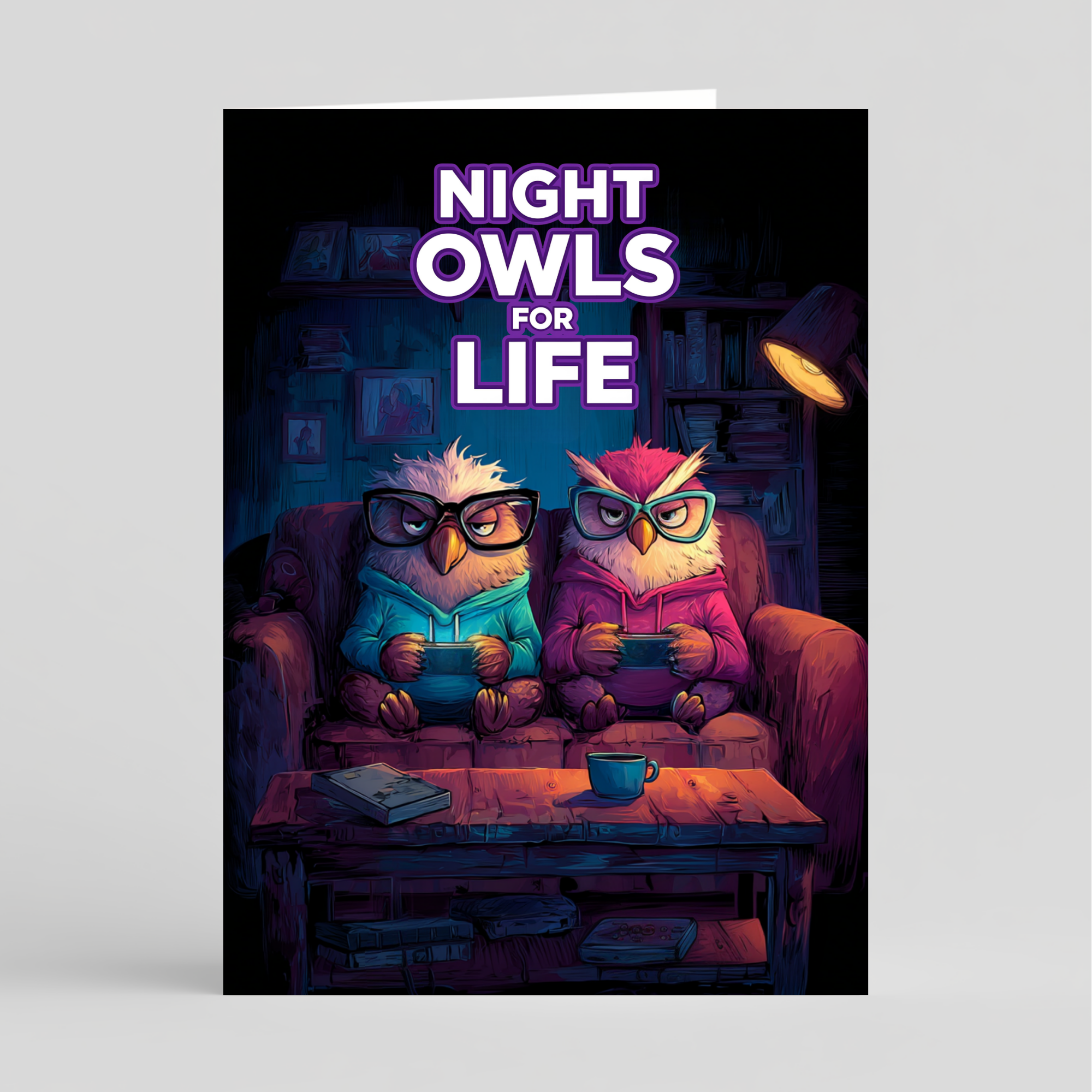 Card with two owls wearing glasses sitting on a couch with the text 'Night Owls for Life' above them.
