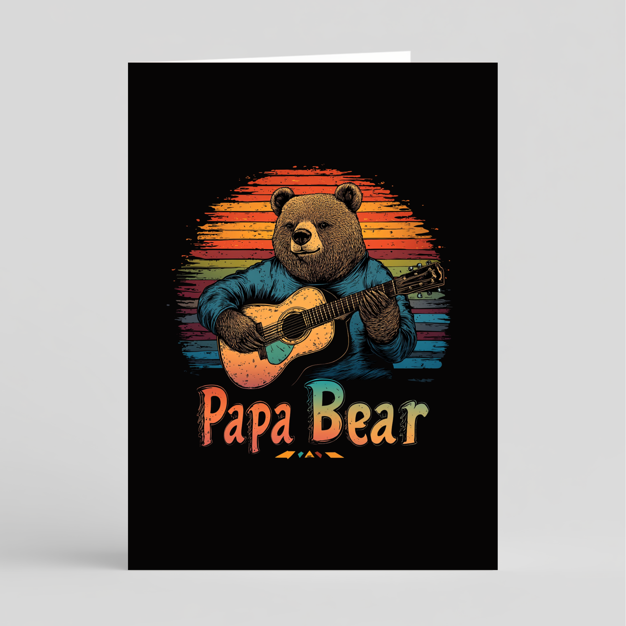 Card of a bear playing guitar with 'Papa Bear' text against a sunset background