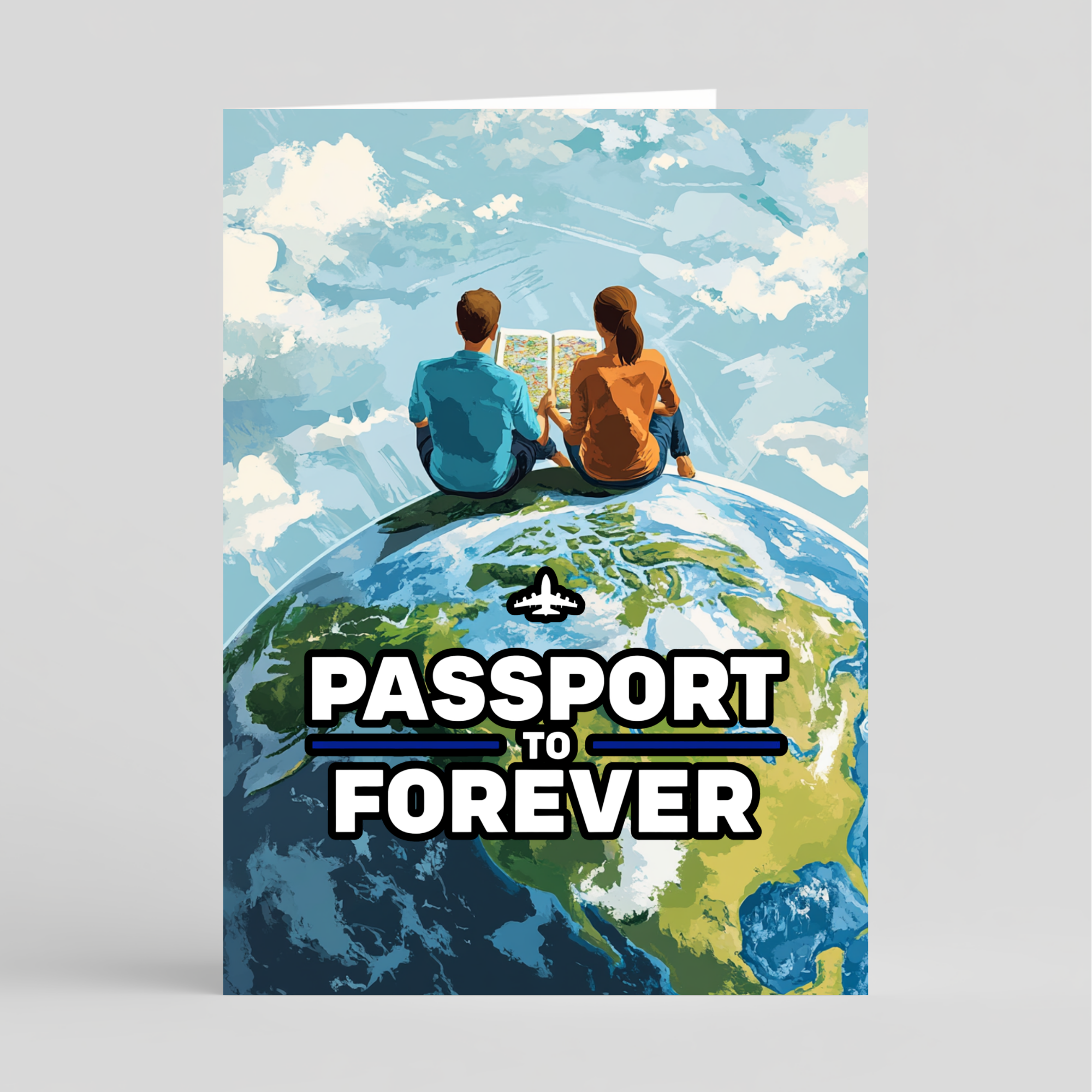 Card of two people sitting on the Earth with a map, text 'Passport to Forever' and an airplane icon.