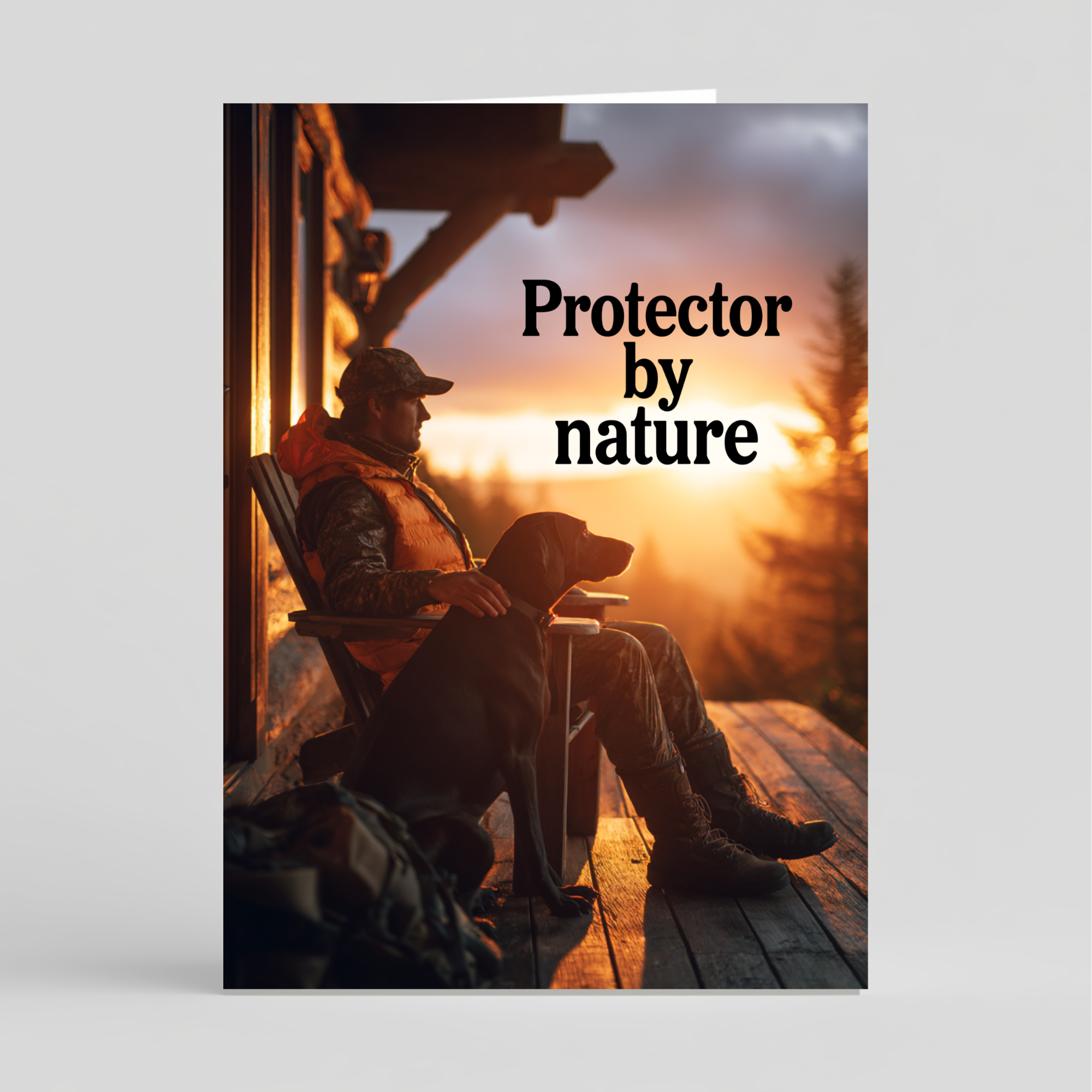 Card of a Man sitting on a porch with a dog, with text 'Protector by nature' on a gray background