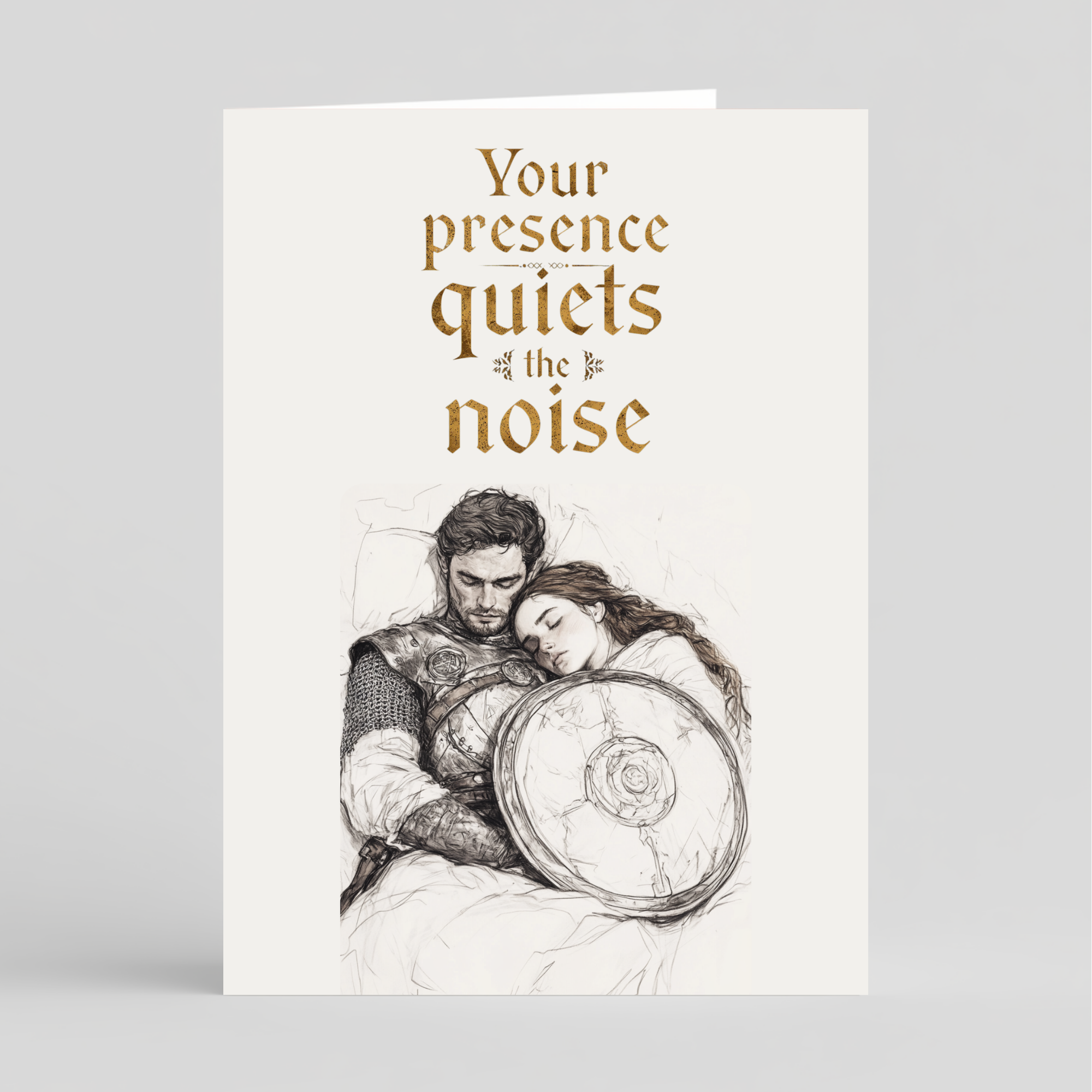 Card illustration of a man and woman embracing with a shield, accompanied by the text 'Your presence quiets the noise' on a white background.