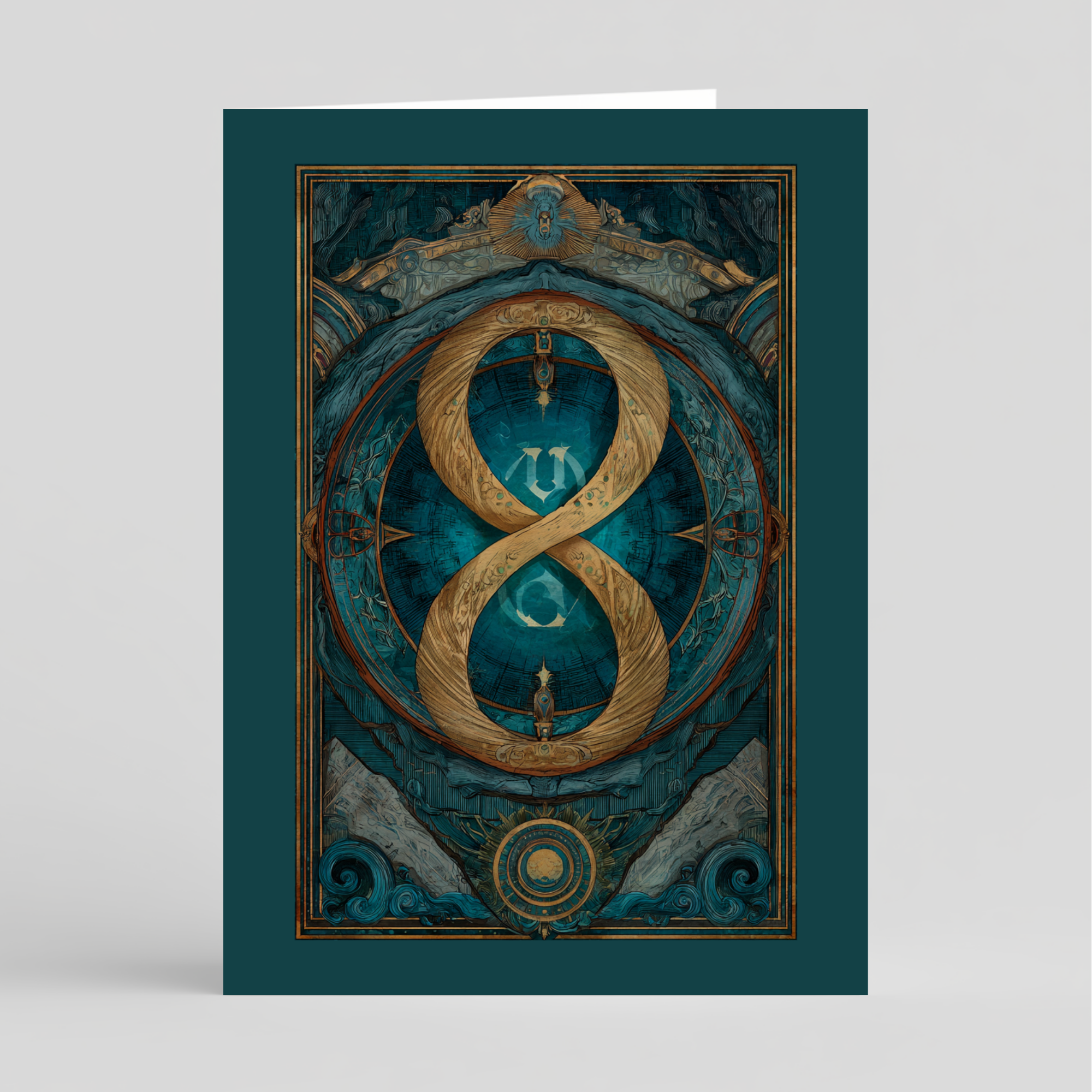 Decorative card with a large gold number '8' and intricate designs on a teal background