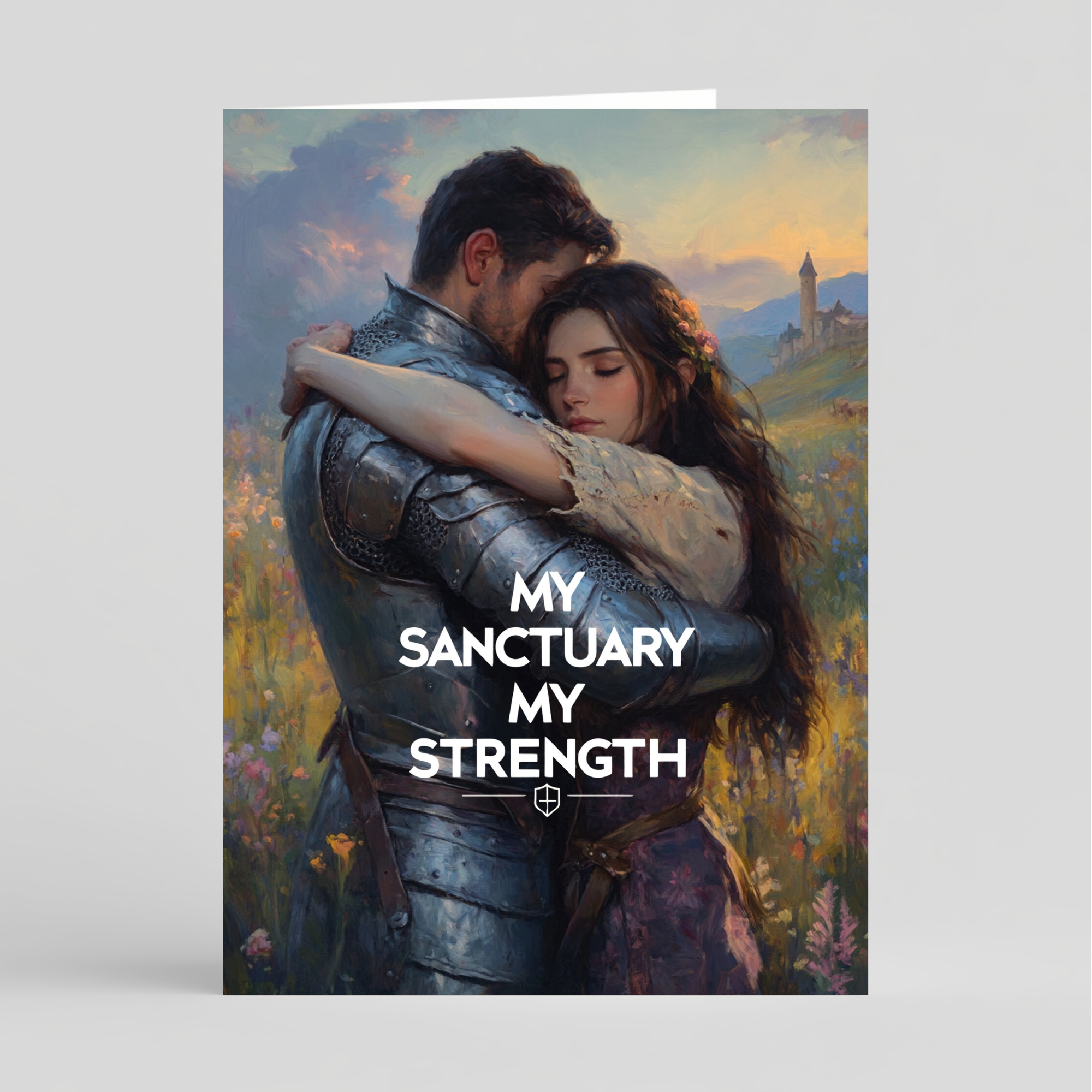 Card of a couple embracing with 'My Sanctuary My Strength' text in a scenic setting