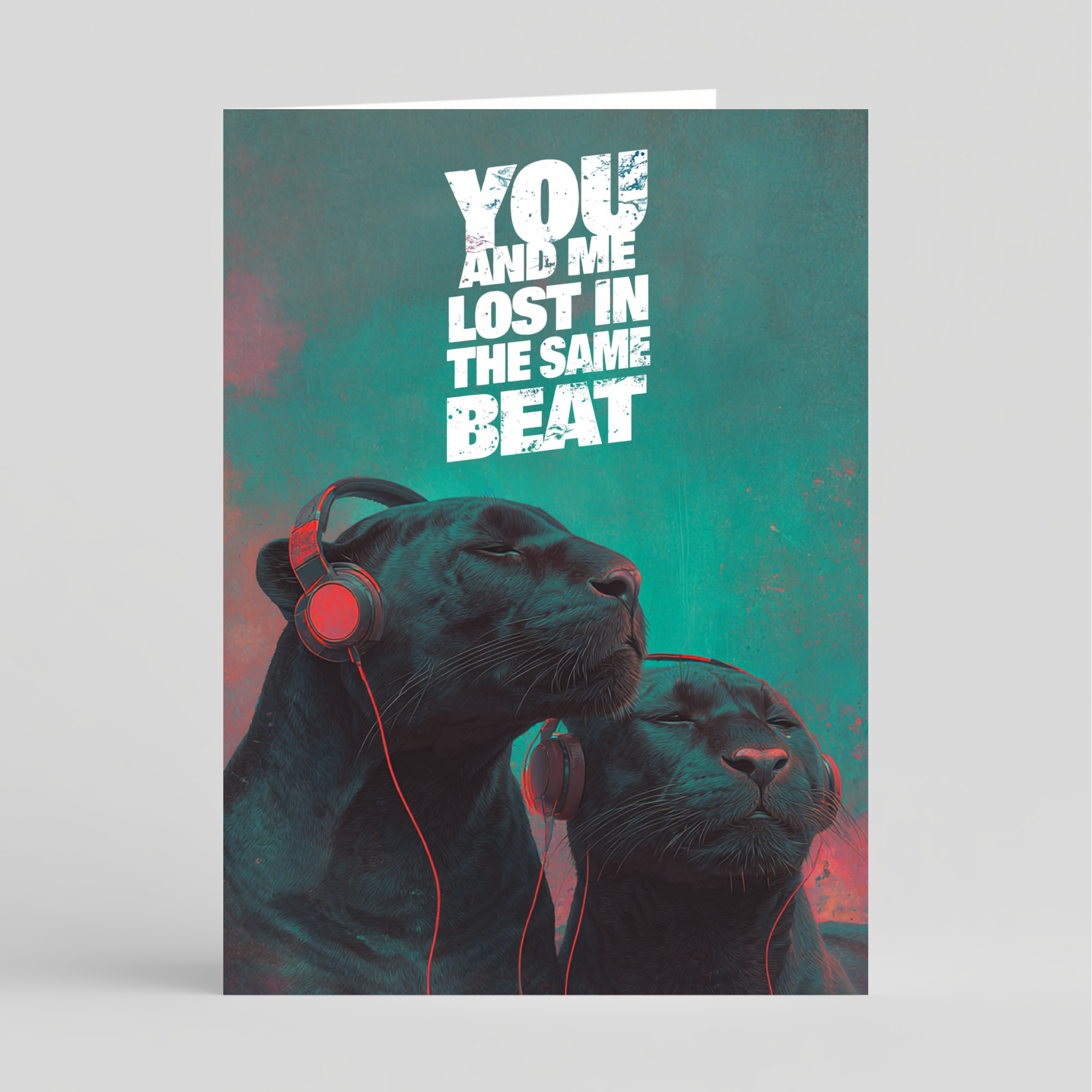 Two black panthers wearing headphones with text 'You and Me Lost in the Same Beat' on a teal background
