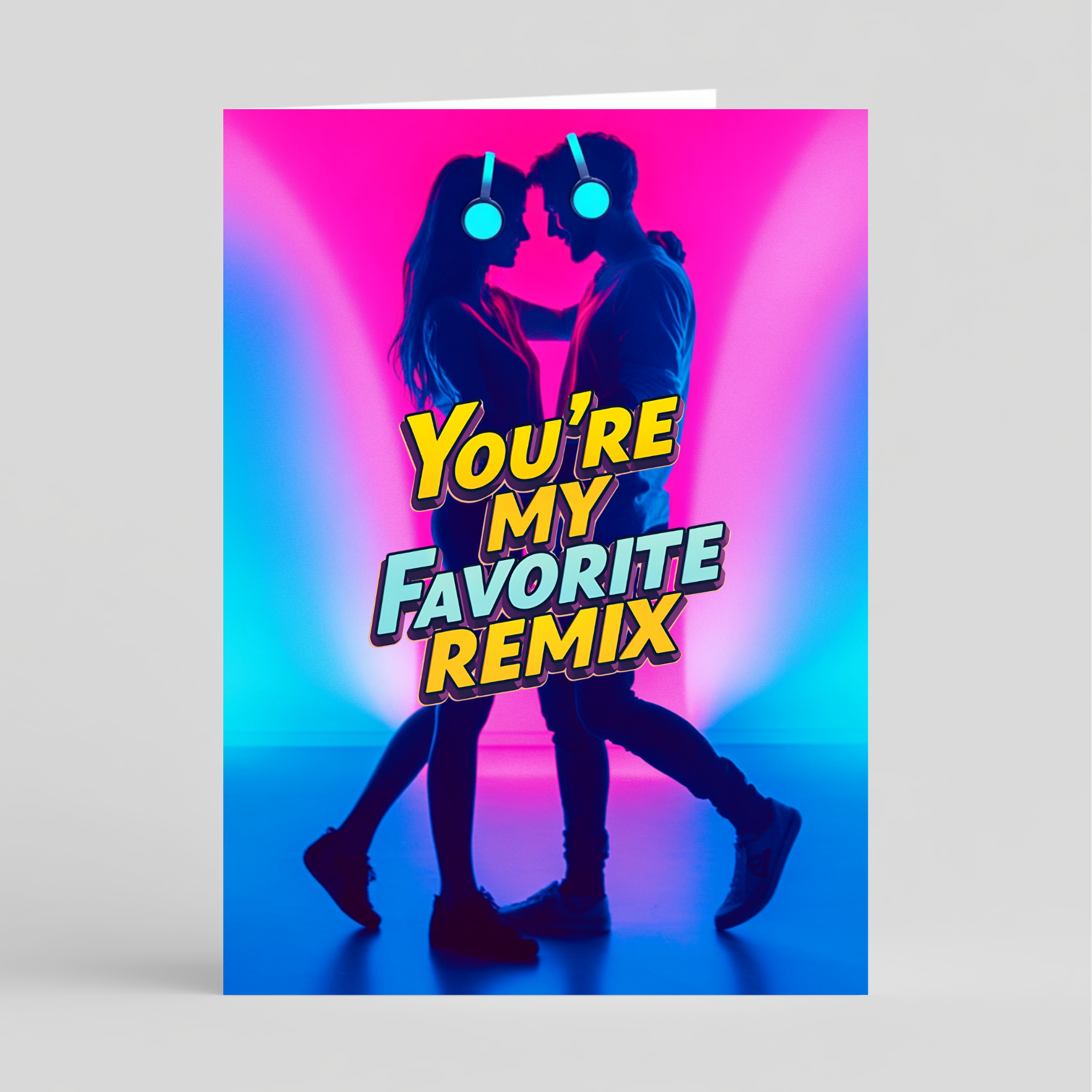 Card with a silhouette of two people and 'You're My Favorite Remix' text against a pink and blue gradient background.