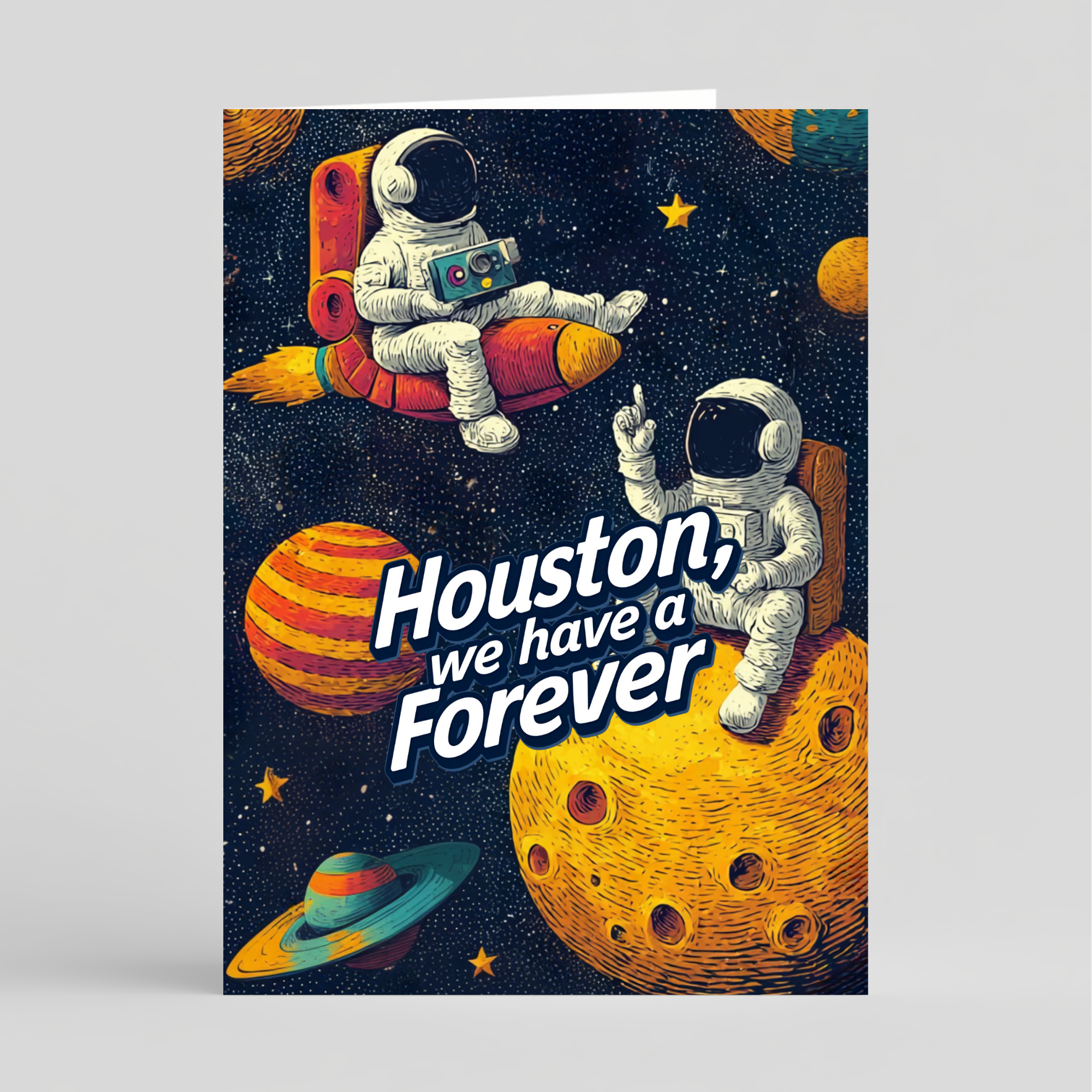 Card with illustration of astronauts on a moon with planets and stars, featuring the text 'Houston, we have a Forever'.