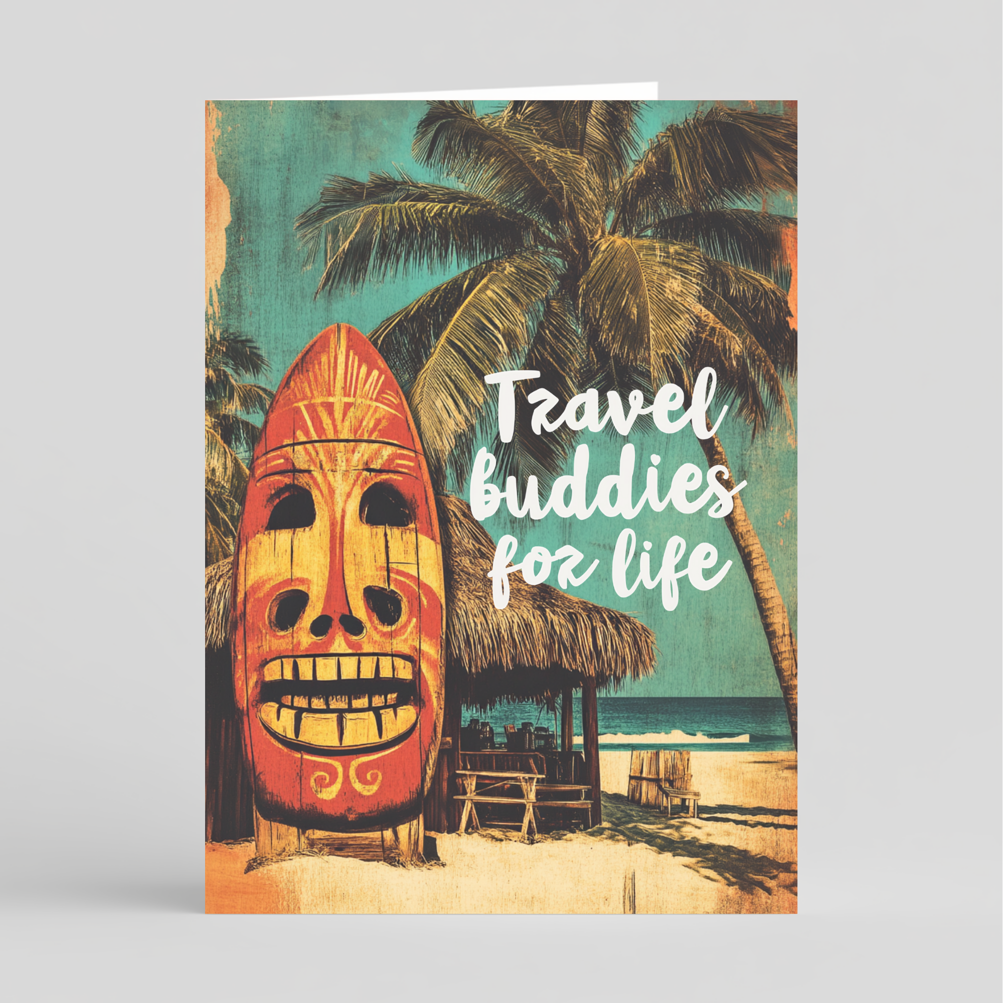 Card of beach scene with a Tiki mask and palm trees, featuring the text 'Travel buddies for life'.