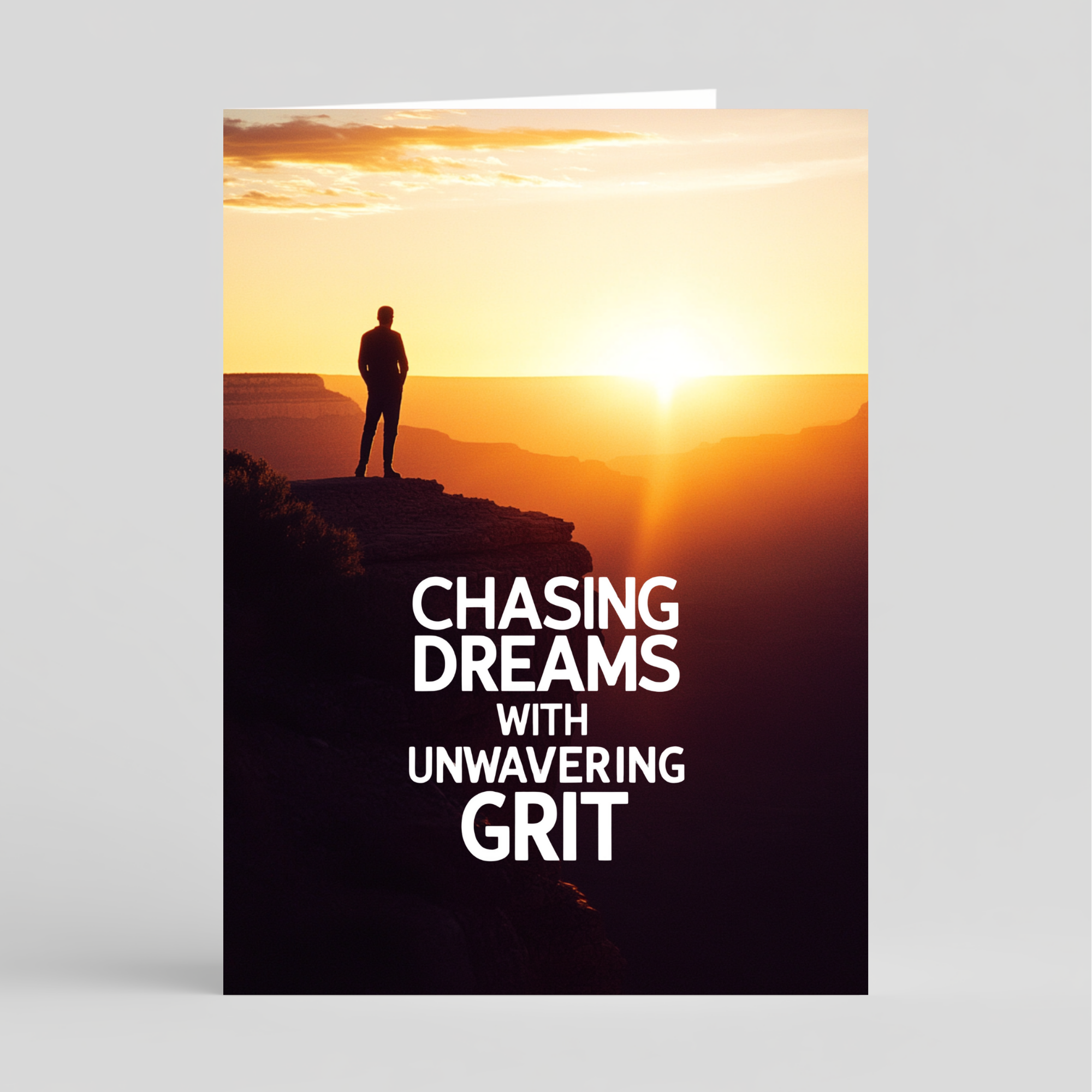Card with silhouette of a person at sunset over a canyon and motivational quote.