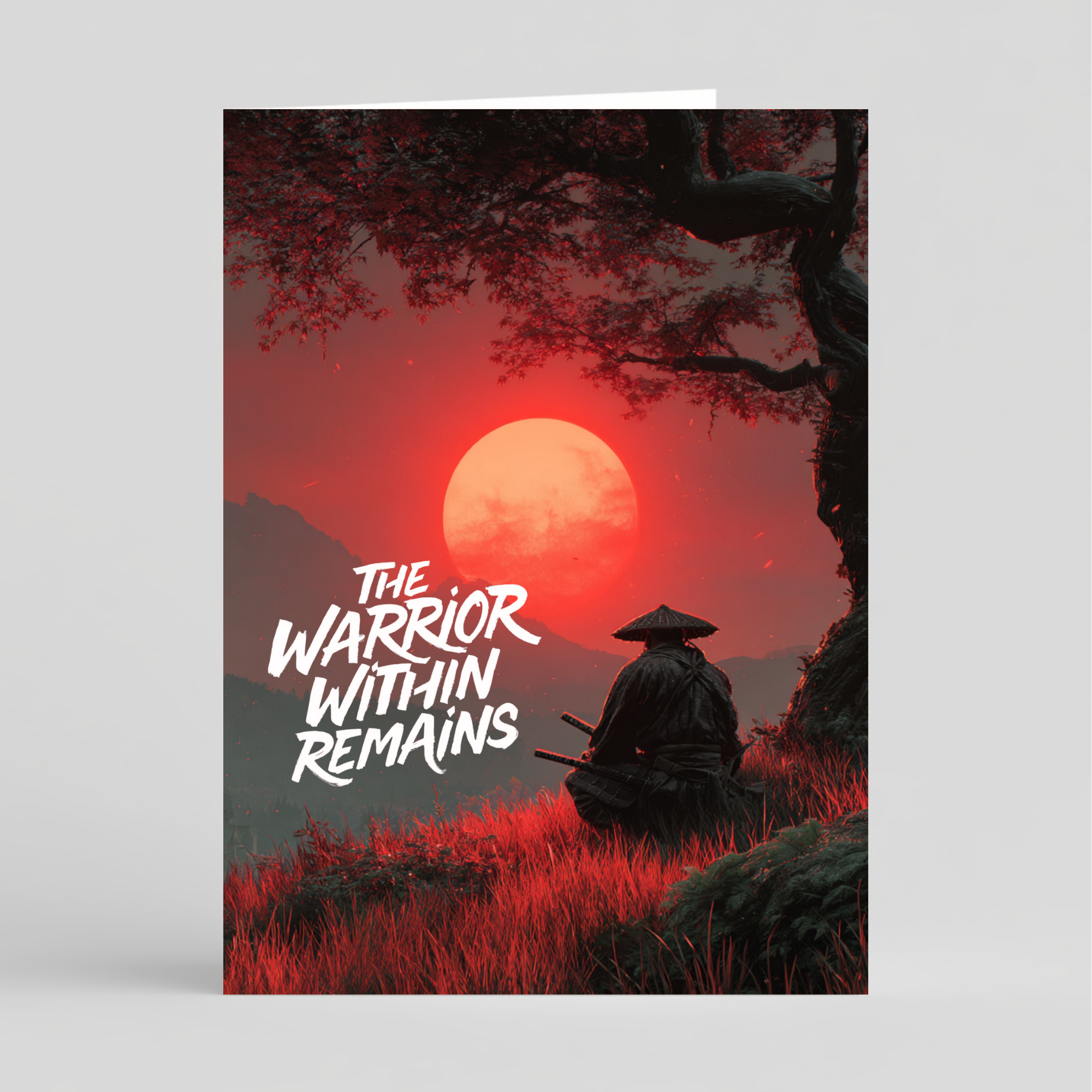 Card with a warrior silhouette and red sunset, featuring the text 'The Warrior Within Remains'.