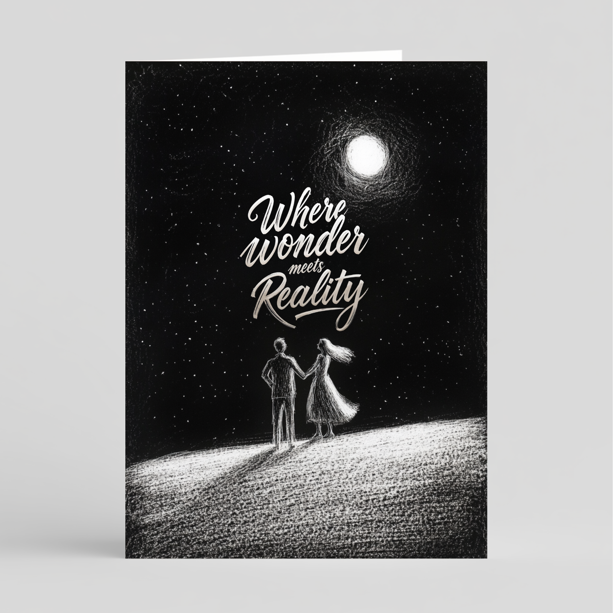 Card of a couple under a moonlit sky with 'Where wonder meets reality' text.