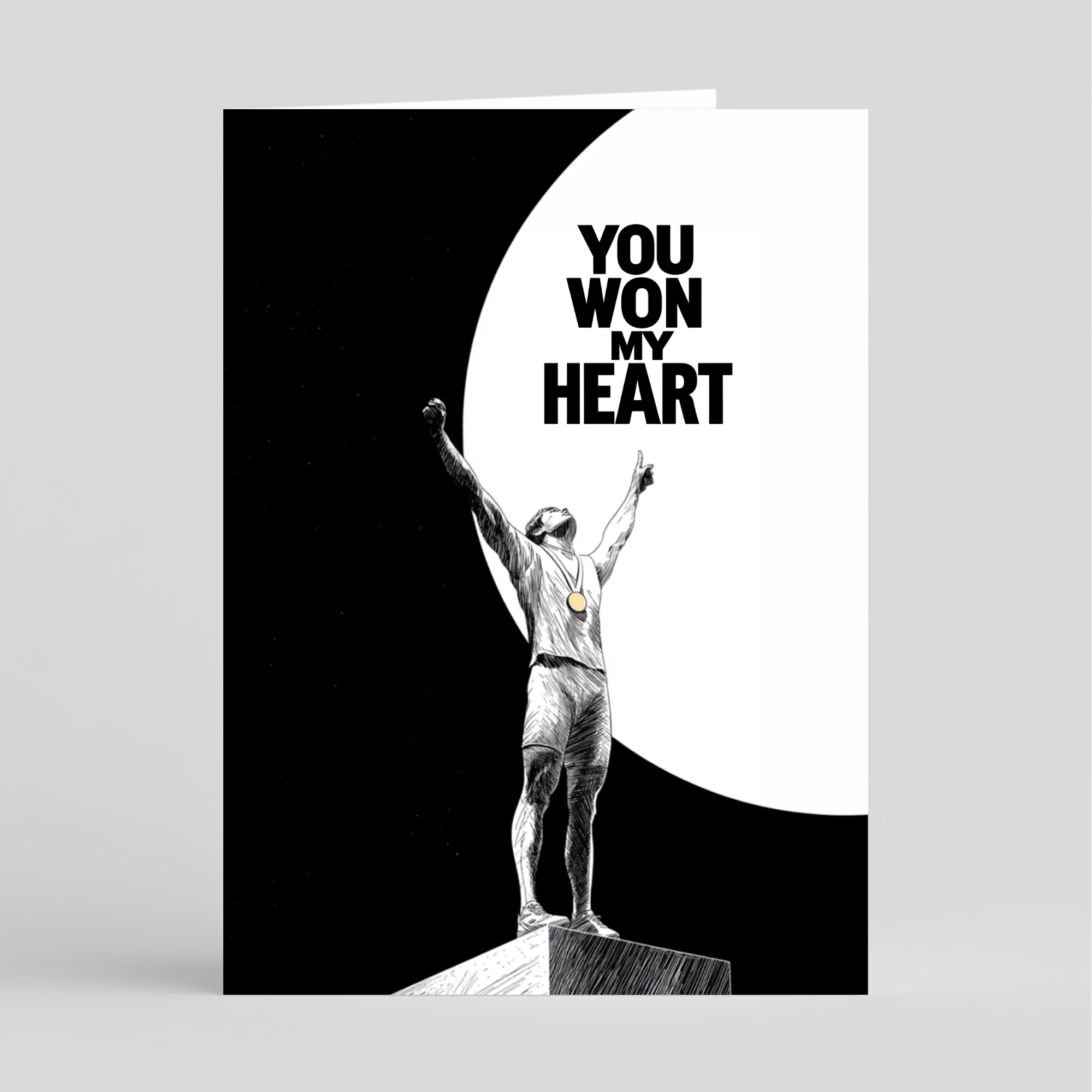 Card with a silhouette of a person on top of a mountain, reaching towards the sky with 'You Won My Heart' text.